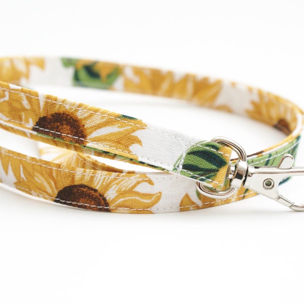 Fall Sunflower Skinny Fabric Lanyard - Cute Key ID Strap - 15.5-19.5 Inch Drop - Teacher Lanyard - White, Yellow, Brown - 1/2 Inch Wide