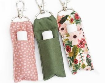 Lip Balm Holder - Rifle Paper Co Floral Fabric, Olive, Mauve Dot - Chapstick Keychain Pouch in Two Sizes - Teen Girl or Women - Gift for Her