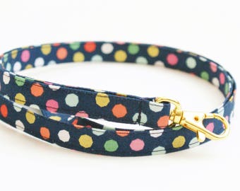 Navy Skinny Lanyard - Multi Colored and Metallic Gold Dots - Cute Thin Lanyard - 1/2 Inch Key Lanyard - Long Key Strap - Teacher Lanyard
