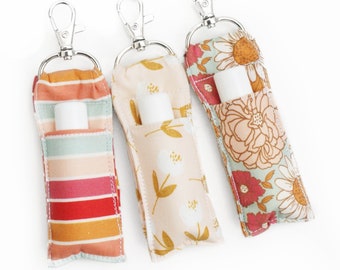 Fabric Lip Balm Holder - Girly Stripes and Peachy Florals - Cute Chapstick Keychain Pouch - Mustard, Peach - Lip Balm Carrier