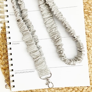 Scrunchie Teacher Lanyard in Grayish Taupe Polka Dot: Stretchy ID Badge Strap or Keys - Optional Breakaway - 16, 18, 20 Inch - I inch Wide