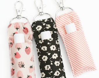 Cute Chapstick Keychain - Pink Strawberries, Black Floral, Coral Stripes - Lip Balm Holder - Two Sizes - Lipstick Pouch - Chapstick Case