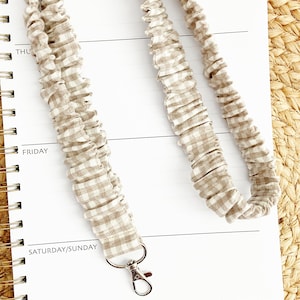 Cute Scrunchie Lanyard in Small Brown Gingham Plaid: Stretchy ID Badge Strap for Teachers - Optional Breakaway - 16, 18, 20 Inch Drop - Tan