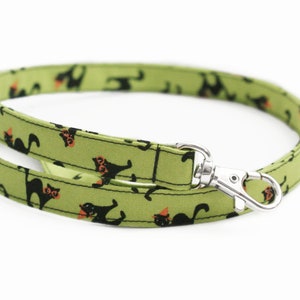 Black Cats on Green - Halloween Lanyard - Cute Skinny ID Badge Strap for Teachers - 15.5-19.5 Inch Drop - Fabric Lanyard for Keys