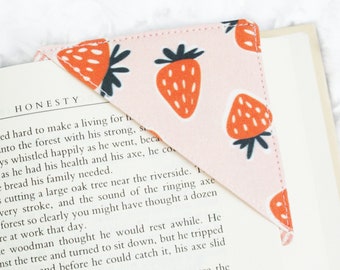 Corner Fabric Bookmark - Strawberries on Pink - Cute Square Book mark - Teacher, Librarian, Reader, Booklover Gift, Mother's Day Gift