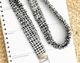Scrunchie Lanyard - Black and White Gingham with Optional Breakaway - Long Stretchy Teacher Lanyard - 16, 18, 20 Inch Lengths - 1 inch wide