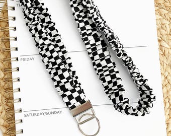 Scrunchie Lanyard in Checkerboard: Black and White Stretchy Teacher Neck Strap for ID Badge