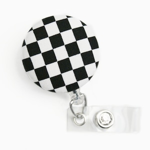 Wipeable Fabric Badge Reel - Black and White Checkerboard - Swivel, Belt Clip - Cute Retractable ID Clip - 1 1/2 Inch - Teacher, Nurse Gift