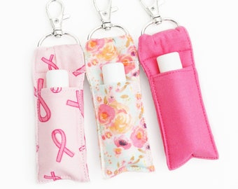 Chapstick Holder - Breast Cancer Ribbons, Floral on Aqua, Solid Pink - Two Sizes - Teen Girl, Teacher Gift - Cute Fabric Lip Balm Keychain