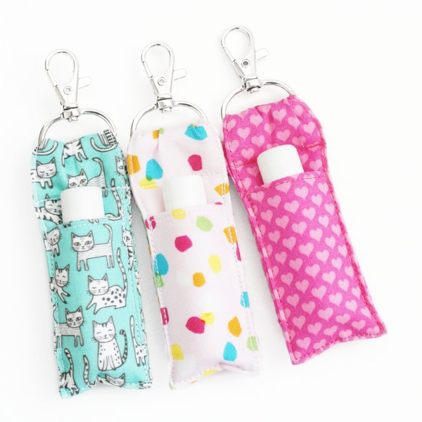 Fabric Lip Balm Holder - Cats, Colorful Terrazzo, Pink Hearts - Chapstick Keychain - Two Sizes - Teen Girl Birthday Gift - Pouch, Carrier