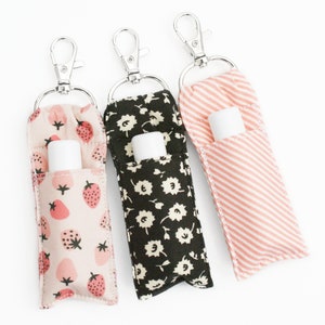 Cute Lip Balm Holder - Pink Strawberries, Black Floral, Coral Stripes - Chapstick Keychain - Two Sizes - Teen Girl Gift - Chapstick Carrier