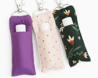 Lip Balm Keychain - Purple, Light Pink Dots, Forest Floral - Fabric Chapstick Holder - Teen Girl Gift for Her - Cute Key Ring Pouch