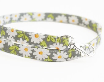 Skinny Fabric Lanyard for Keys - White Daisies on Gray - Cute ID Badge Strap for Teachers - 15.5-19.5 Inch Long Drop - Cotton Neck Lanyard