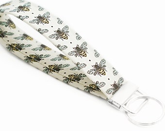 Cream Honey Bee Key Fob - 5 Inch Key Ring - Key Chain - Cute Wristlet Loop - Short Lanyard Strap - Keychain - New Driver Gift - Beehive