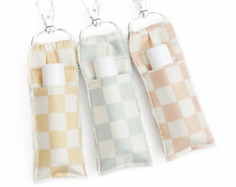 Cute Checkered Lip Balm Holder - Soft Yellow, Blue, or Pink - Fabric Checkerboard Chapstick Keychain - 2 Sizes - Teen Girl Gift - EOS Pouch