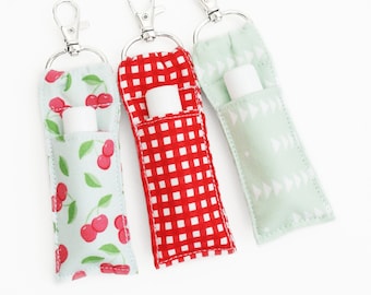 Lip Balm Holder - Cherries, Red Gingham, Mint - Cute Chapstick Keychain - Two Sizes - Teen Girl Gift - Chapstick Carrier - Mother's Day