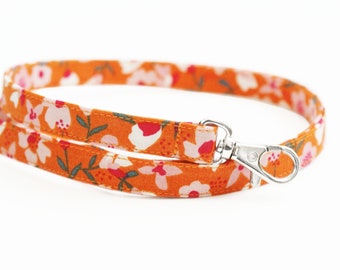 Floral Lanyard - Pink Flowers on Bright Orange - Teacher ID Key Strap - 15.5-19.5 Inch Drop - Skinny 1/2 Inch Wide - Long Neck Lanyard