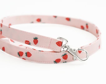 Pink Strawberry Lanyard - Cotton Fabric Lanyard for Keys - Cute Skinny ID Badge Strap for Teachers - 15.5-19.5 Inch Drop - Long Neck Lanyard