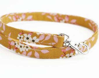 Skinny Fabric Lanyard - Pink Floral on Mustard - Long Key Lanyard - ID Strap - 15.5-19.5 Inch - Teacher Lanyard - Cute Boho Lanyard