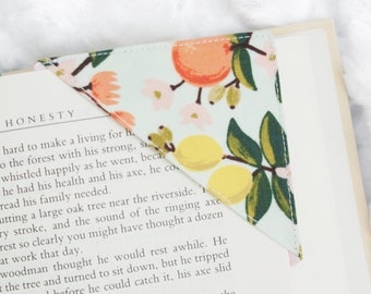 Corner Bookmark - Rifle Paper Co. Citrus and Floral on Mint - Square Fabric Book mark - Teacher, Librarian, Reader, Booklover Gift for Women