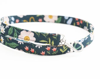 Teacher Lanyard - Flower Garden on Navy - Cute Long Key Lanyard - 1/2 Inch Wide Skinny Lanyard for Women - Teacher - Cotton Fabric Lanyard