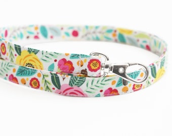 Fabric Skinny Lanyard - Bright Floral on White - Long Key Strap - 1/2 Inch - Teacher Gift - Cute School ID Lanyard - Optional Breakaway