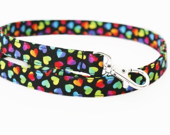 Skinny Fabric Lanyard - Ombre Hearts on Black - Valentine's Day Rainbow Key Lanyard -Cute ID Badge Strap for Teachers - 15.5-19.5 In.