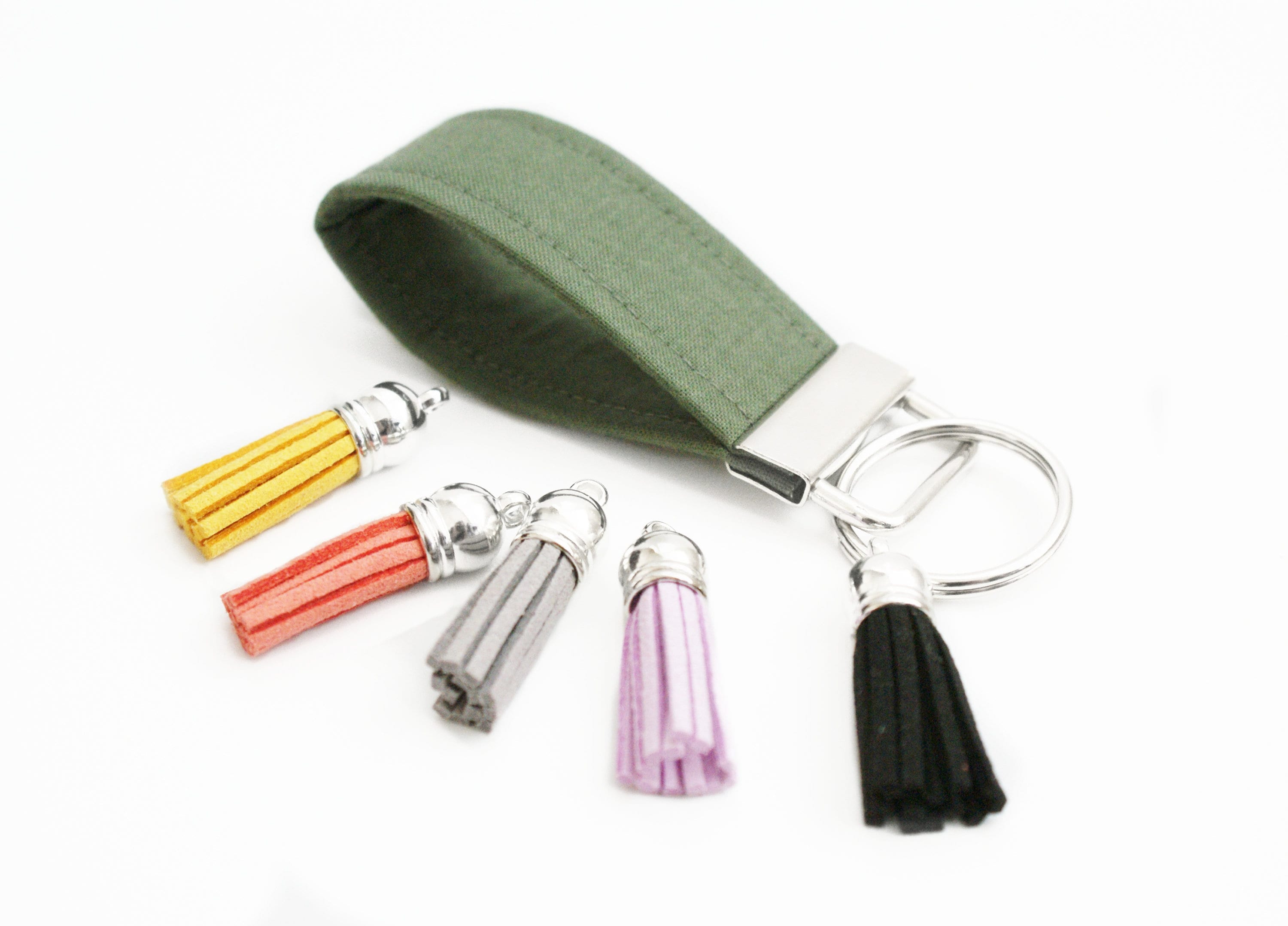 Short Keychain Mini Finger Key Fob - Small Olive Green Fabric Key Ring - Cute Short ...