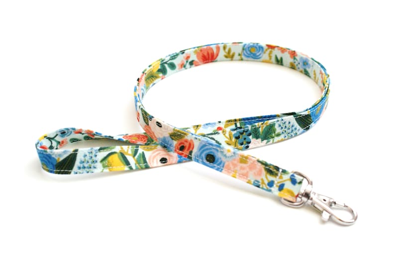 Cute Skinny Lanyard Bright Floral on Blue Rifle Paper Co Fabric Long Key Lanyard 15.5-19.5 Inch Long ID Strap Teacher 1/2 Inch image 3