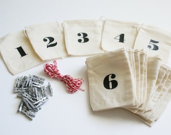 Advent Calendar - Small Muslin Bags and Mini Clothespins - 3x4 inch - Christmas Countdown - Days Until Christmas - Reusable Fabric Bags
