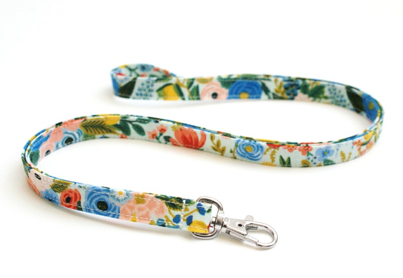 Cute Skinny Lanyard Bright Floral on Blue Rifle Paper Co Fabric Long Key Lanyard 15.5-19.5 Inch Long ID Strap Teacher 1/2 Inch image 2