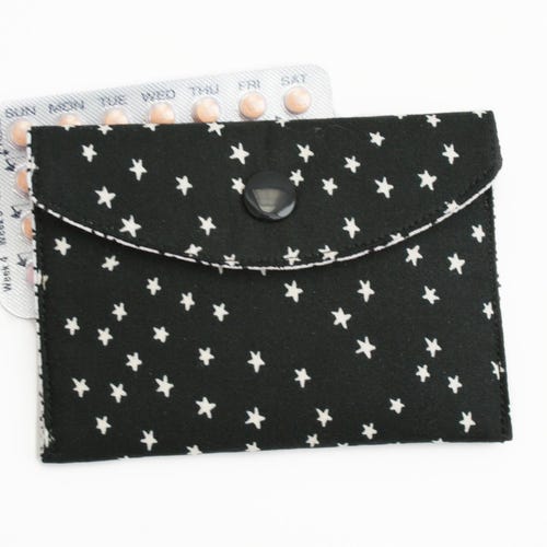 Birth Control Pill Pouch - Stars on Black - Small Snap Wallet - 3x4 Inch - Fabric Coin Purse - Credit Card, Gift Card, Business Card