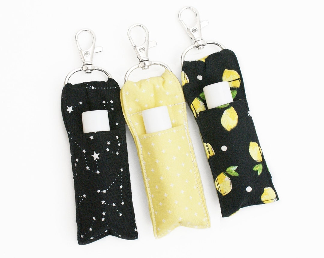 Fabric Lip Balm Holder Stars, Yellow, Lemons on Black Cute Chapstick