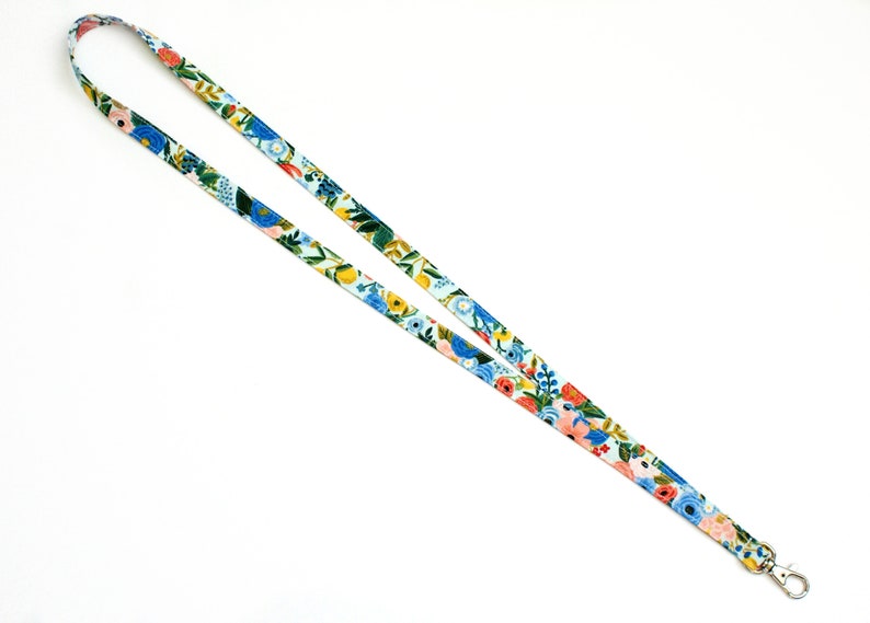 Cute Skinny Lanyard Bright Floral on Blue Rifle Paper Co Fabric Long Key Lanyard 15.5-19.5 Inch Long ID Strap Teacher 1/2 Inch image 4