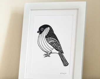 Black and white Bullfinch A5 print