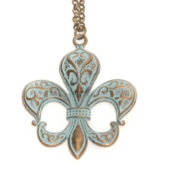 Antique Brass and Blue Fleur De Lis Necklace