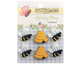 Bee Buttons | Bumble Bee Buttons | Spring Buttons - Shank Style - Busy Bees - 6 Pieces/Pkg. (nmsf100)