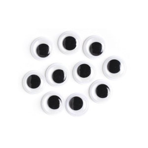 May include: A collection of 10 white googly eyes with black pupils. The eyes are arranged in a circle on a white background.