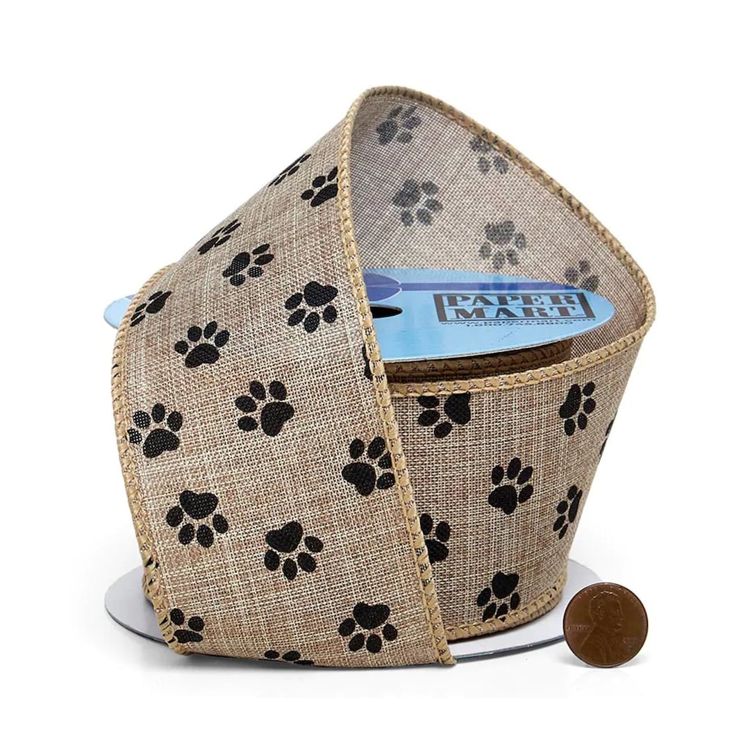 Wide Paw Print Ribbon | Wired Paw Ribbon | Paw Prints on Natural Wired ...