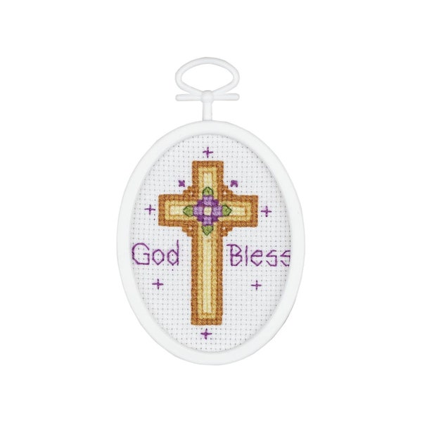 Christian Cross Stitch | Religious Craft Kit | Mini Cross Stitch Kit - Cross - 2.75in. Oval - 18 Count Mesh - 1 Kit (nm9987006)