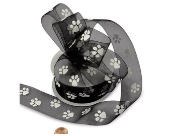 Paw Print Ribbon | Animal Print Ribbon | Black Sheer White Paw Print Organza Ribbon - 5/8in. x 25 Yds (pm4857339)