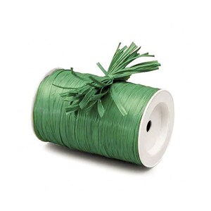 May include: A roll of green paper ribbon with a frayed end. The ribbon is wound around a white cardboard spool.