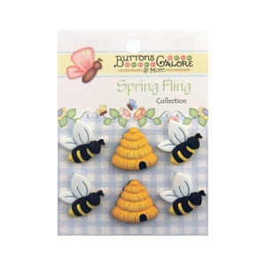 Bee Buttons | Bumble Bee Buttons | Spring Buttons - Shank Style - Busy Bees - 6 Pieces/Pkg. (nmsf100)