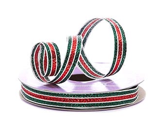 Thin Christmas Ribbon | Thin Holiday Ribbon | Green and Red Bright Stripe Metallic Ribbon - Wired - 3/8in. X 10 Yards (pm56006402)