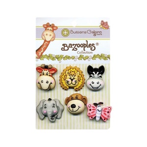 Animal Buttons | Zoo Animal Buttons | Buttons - Gertrude and Friends - Shank - 6 Pieces/Pkg. (nmbz100)