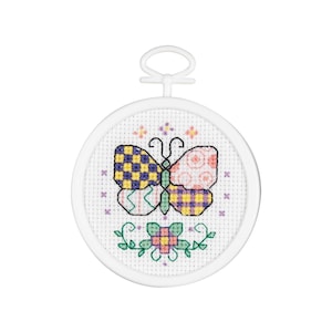 Butterfly Cross Stitch | Butterfly Craft | Mini Cross Stitch Kit - Patchwork Butterfly - 2.5in. Round - 18 Count Mesh - 1 Kit (nm9985032)