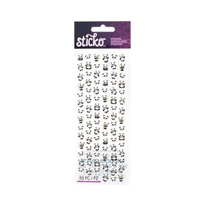 May include: A sheet of stickers featuring a repeating pattern of black and white panda bears. The stickers are on a white background, with the brand name "sticko" at the top. The package includes 93 stickers.