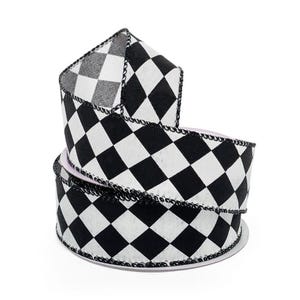 Black Harlequin Ribbon | Diamond Ribbon | Black White Harlequin Fabric Wired Ribbon - 2 1/2in. x 10 Yards (pm56111301)