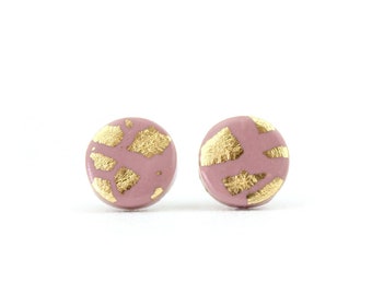 Dusty pink and Gold earrings, Dusty Pink and Gold Leaf studs, Pink and Gold studs, Dusty Pink earrings, Gold leaf earrings, Ceramic studs