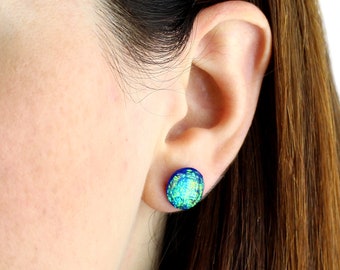 Blue Iridescent Resin Stud Earrings: Colour-Shift Opal Effect Studs, Sparkly Gifts For Her